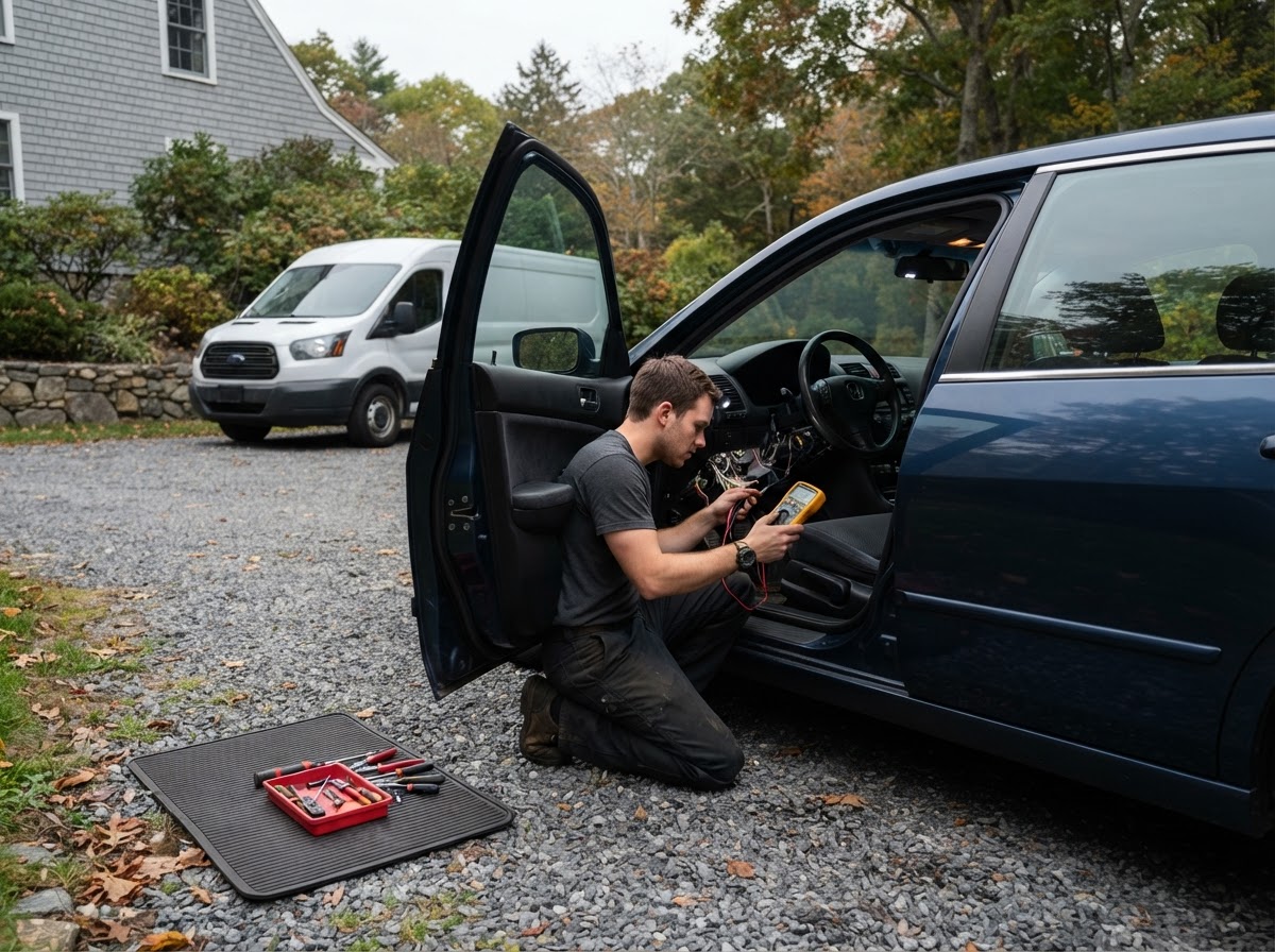 Mobile mechanic tracing a wiring harness under a car dashboard with a test light in a West Warwick driveway, driver's door open