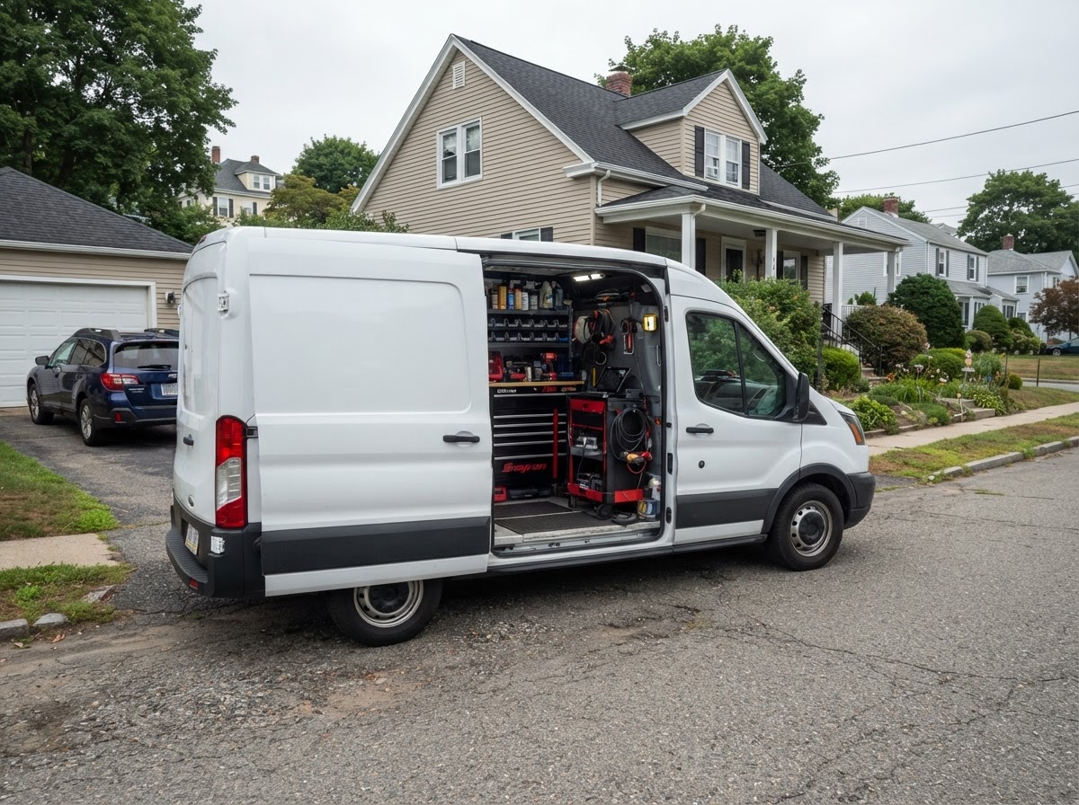 Mobile mechanic's service van parked in a residential driveway with side door open showing organized tool chests and diagnostic equipment