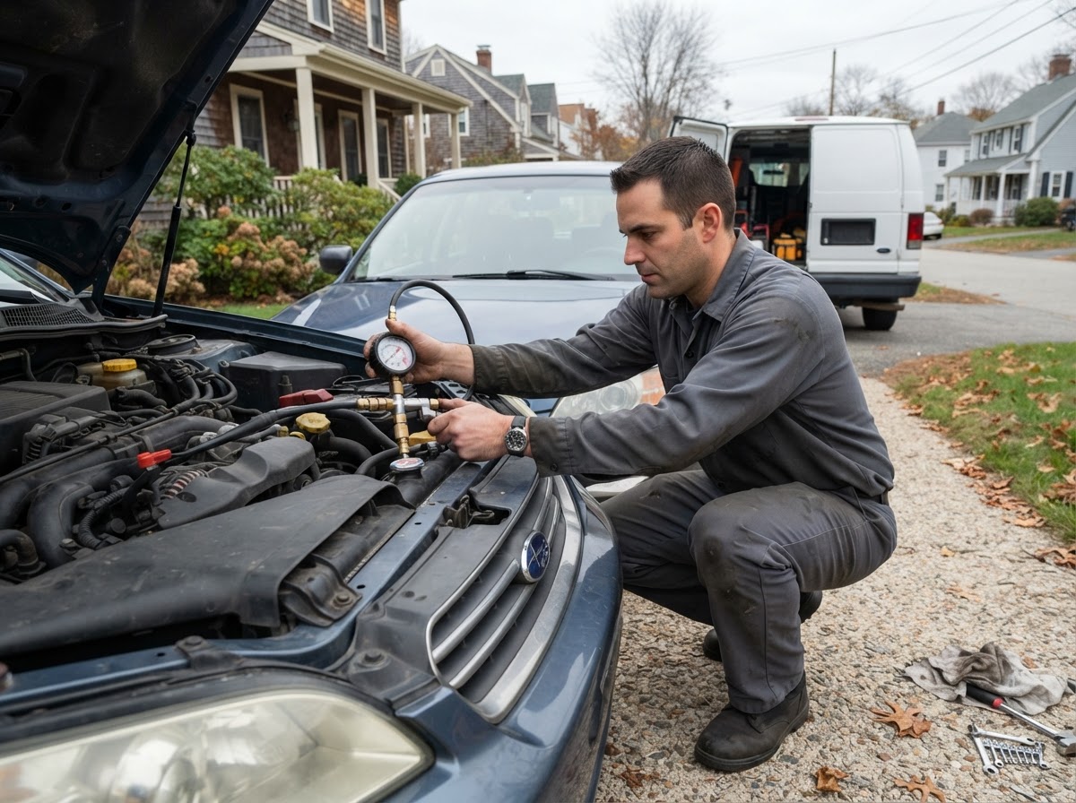 Mobile mechanic attaching a cooling system pressure tester to a radiator filler neck under the hood in a residential driveway