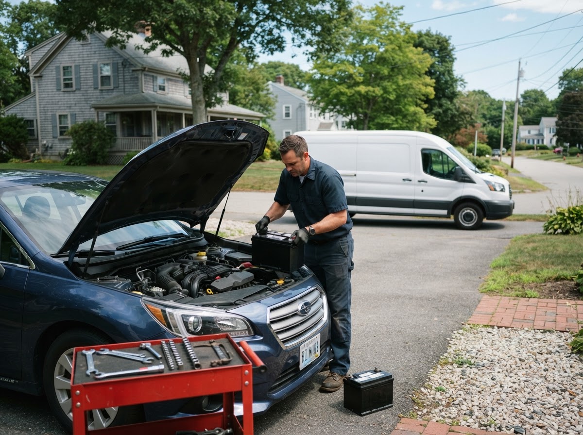 Mobile mechanic lifting a new car battery into the engine bay of a sedan parked in a West Warwick residential driveway, service vehicle in the background