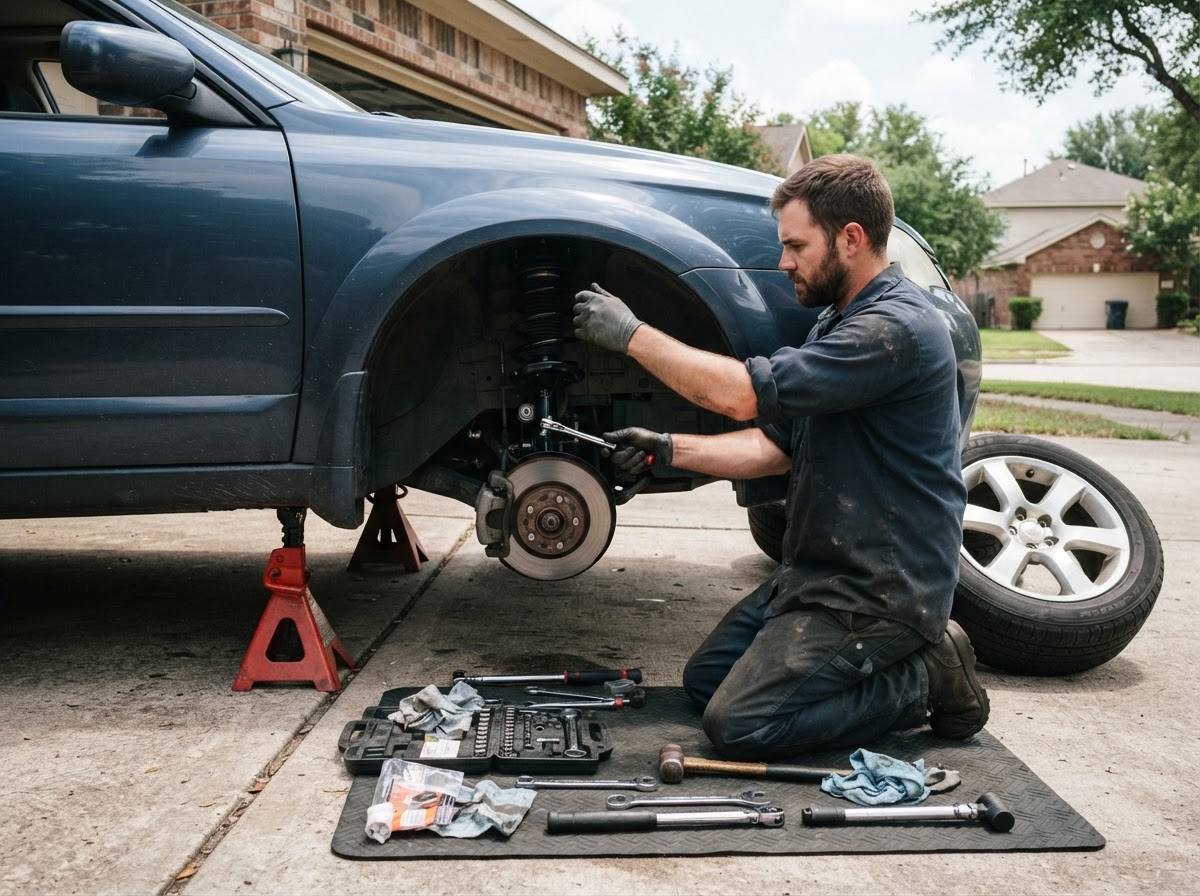 Mobile mechanic installing a new strut assembly into a front wheel well of a car raised on jack stands in a residential driveway, front wheel removed