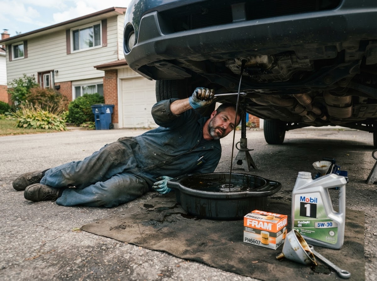 Mobile mechanic draining engine oil into a catch pan under a car in a residential driveway, a new oil filter and fresh oil jugs on a mat beside the vehicle