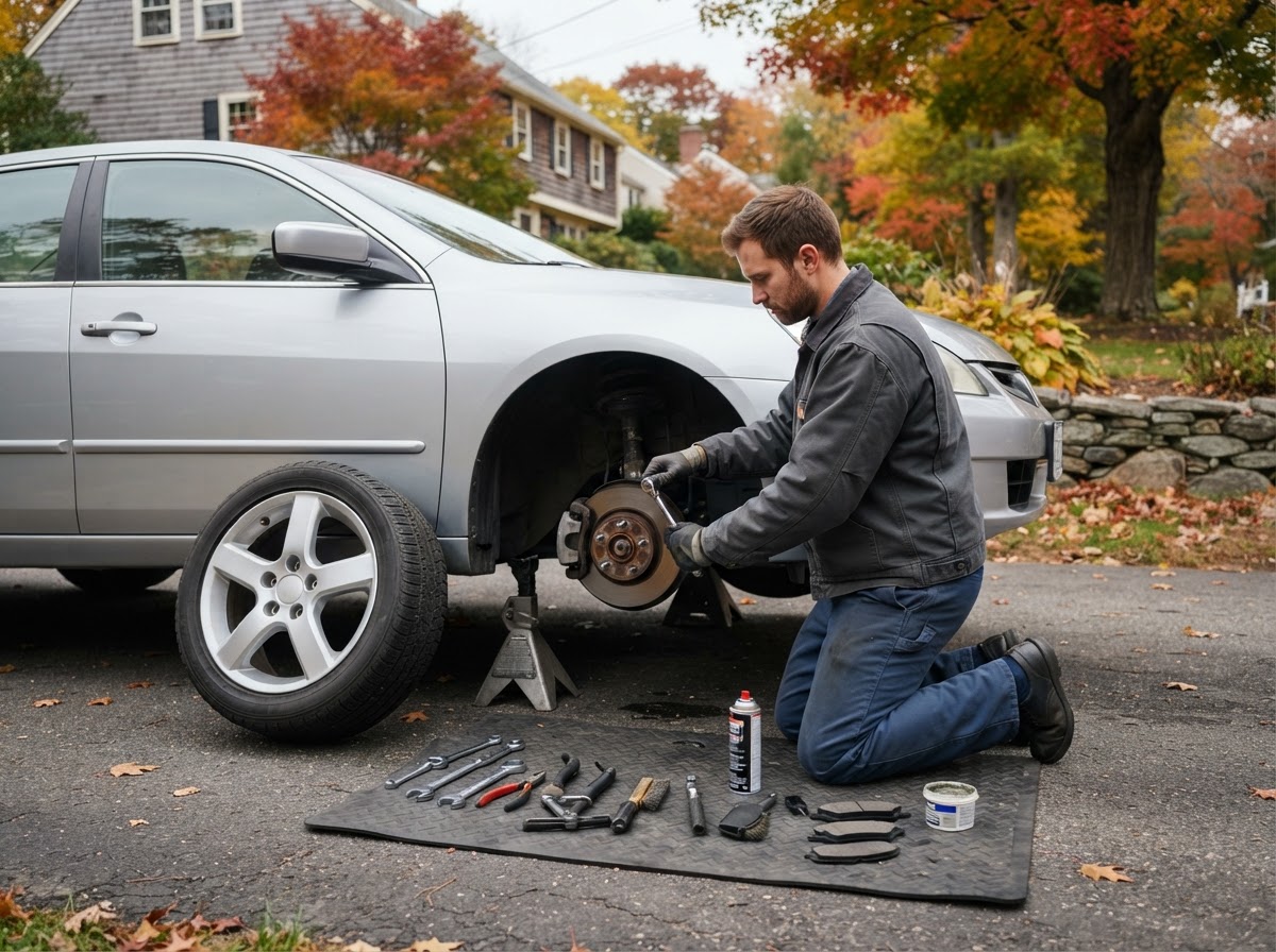 Mechanic replacing brake pads on a car raised on jack stands in a West Warwick driveway