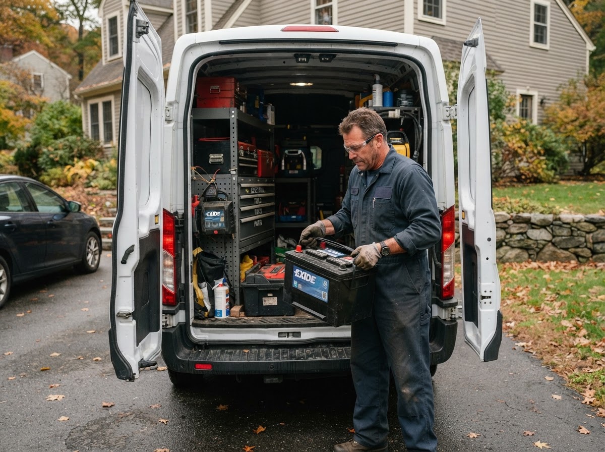 Mechanic loading a new car battery into a service van in a driveway, organized tool boxes visible