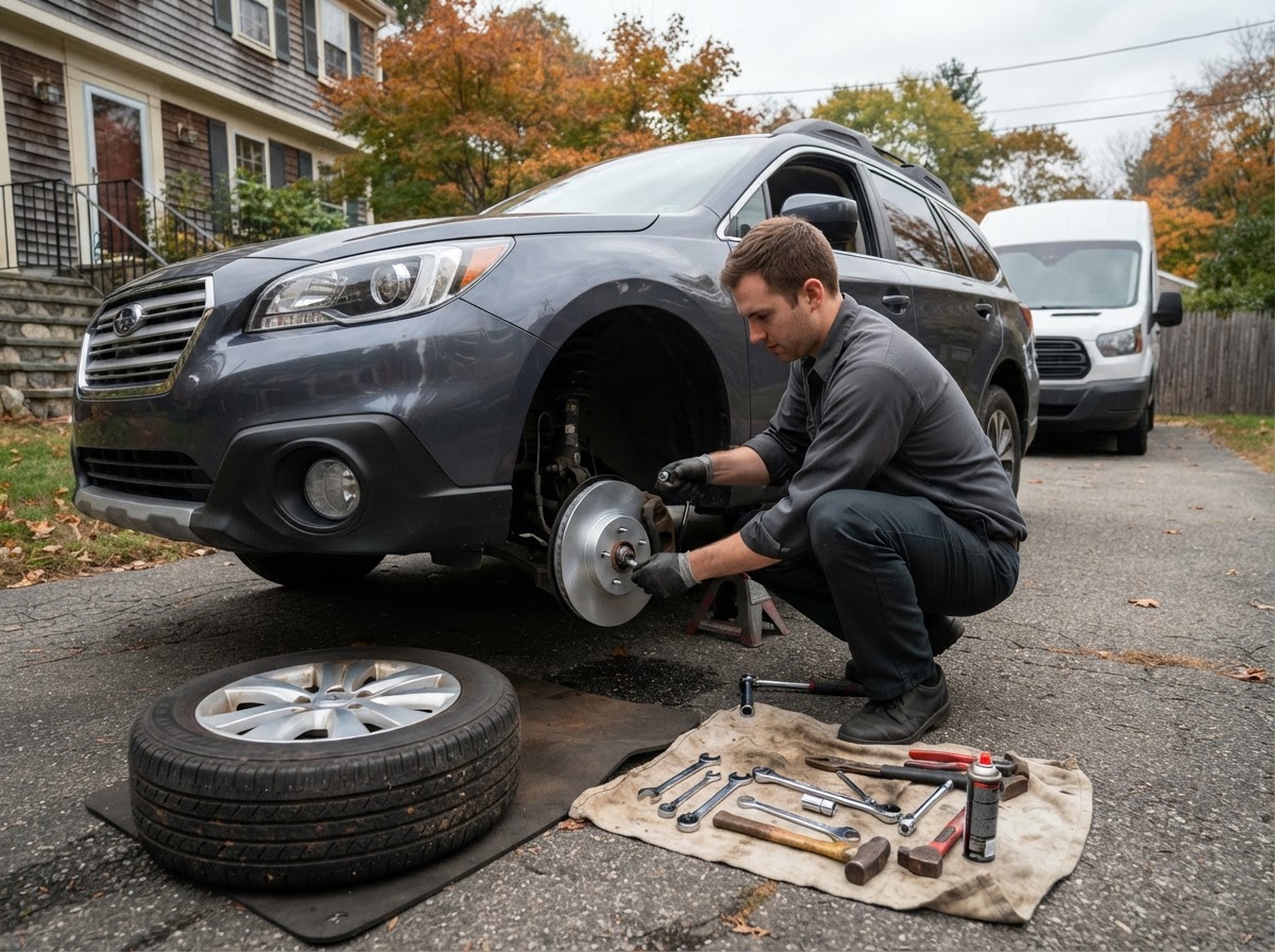Mobile mechanic replacing a brake rotor at a front wheel of a car on jack stands in a residential driveway, tools laid out on a mat
