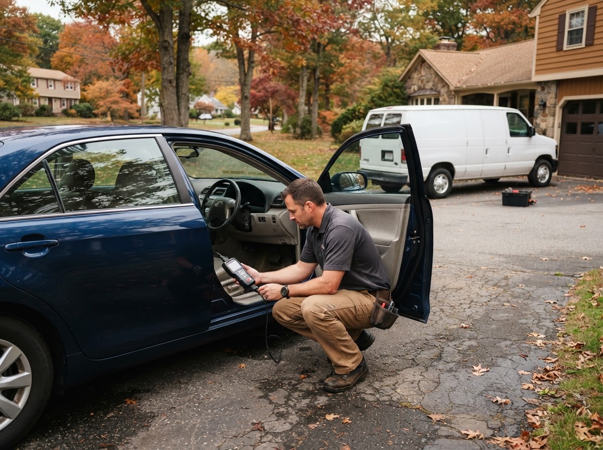 Mobile mechanic plugging a scan tool into a car's diagnostic port in a West Warwick driveway, service van parked nearby