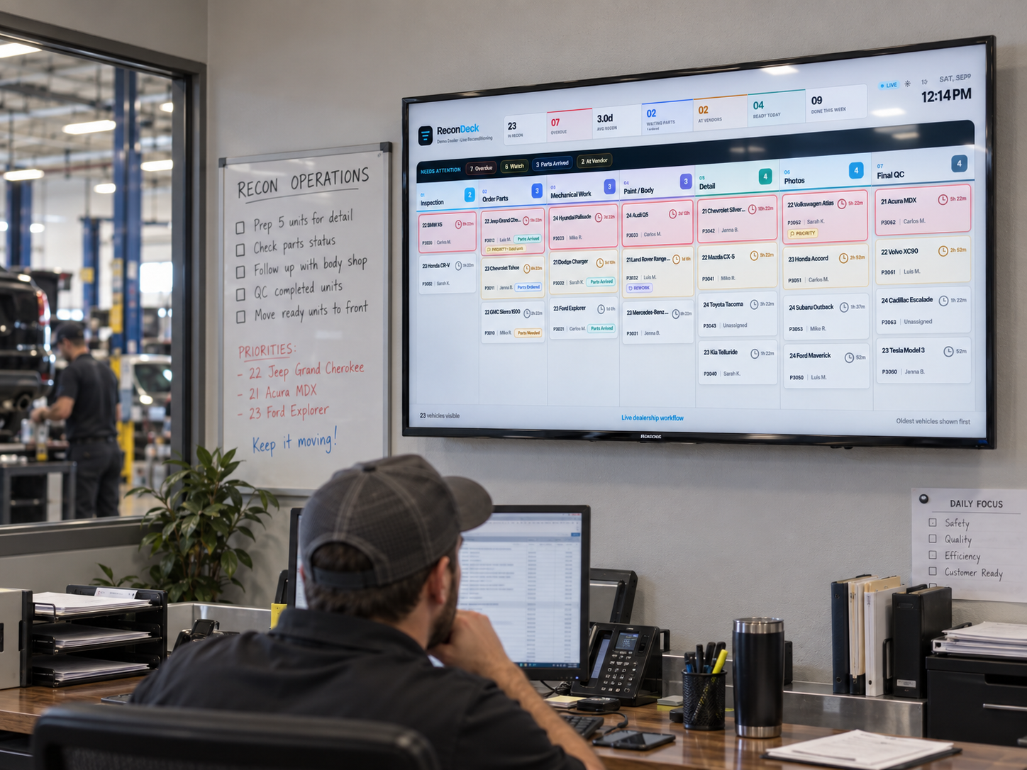 Dealership manager viewing the ReconDeck automotive recon software dashboard on an office TV overlooking the shop floor