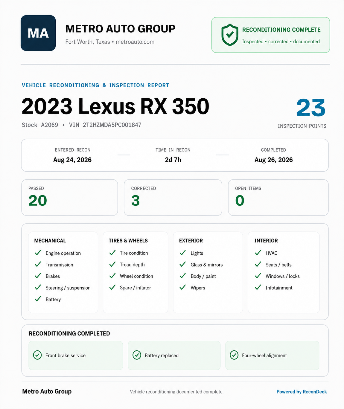 Dealership-branded customer reconditioning and inspection report generated by ReconDeck