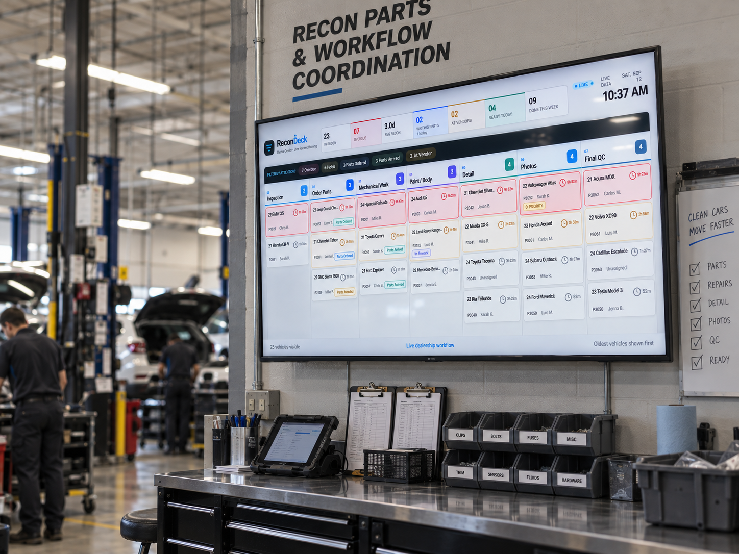 ReconDeck live TV recon status board displayed on a wall-mounted shop TV in a dealership service bay