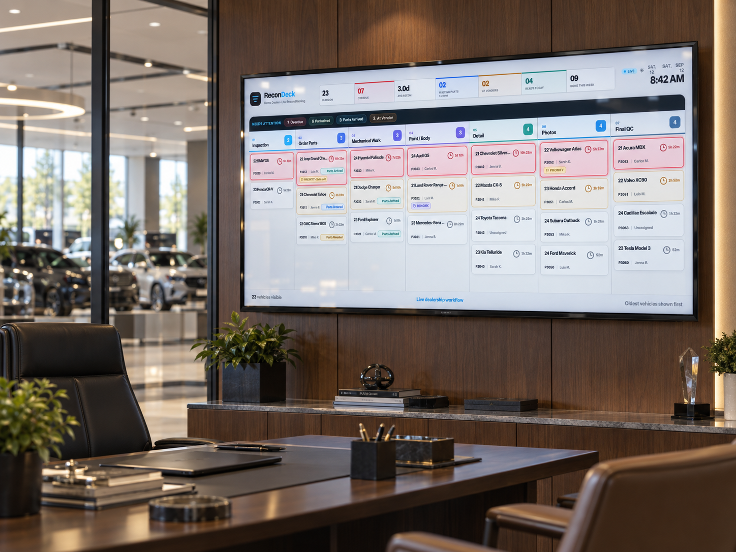 Dealership manager reviewing the ReconDeck make-ready dashboard on a wall-mounted TV showing vehicle stages, timers and overdue alerts