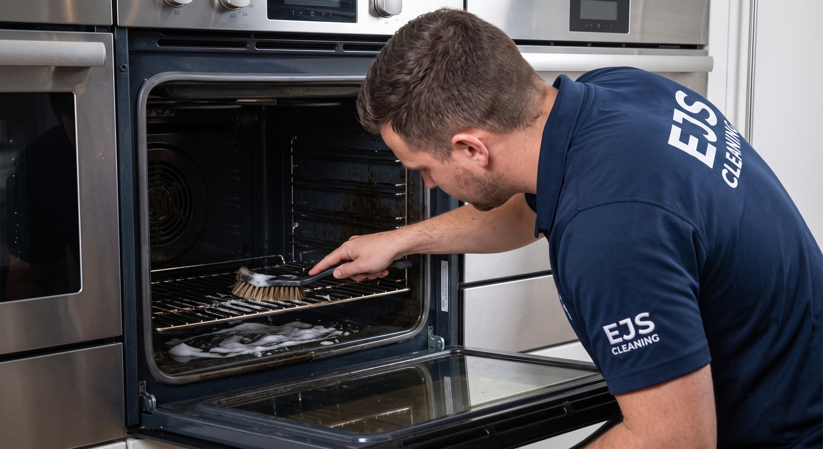 EJS Cleaning technician scrubbing an oven rack