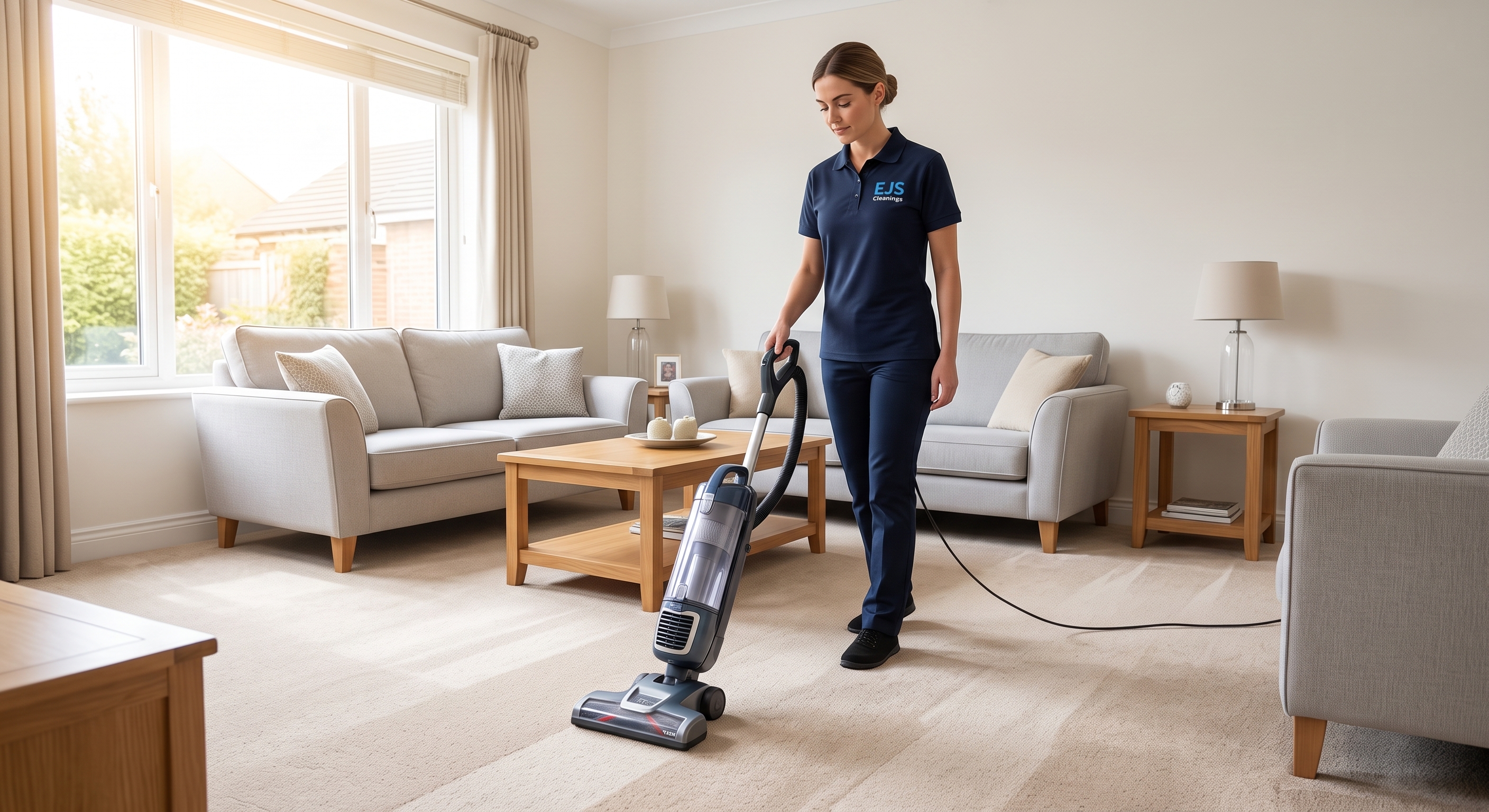 EJS Cleanings staff member vacuuming a living room carpet