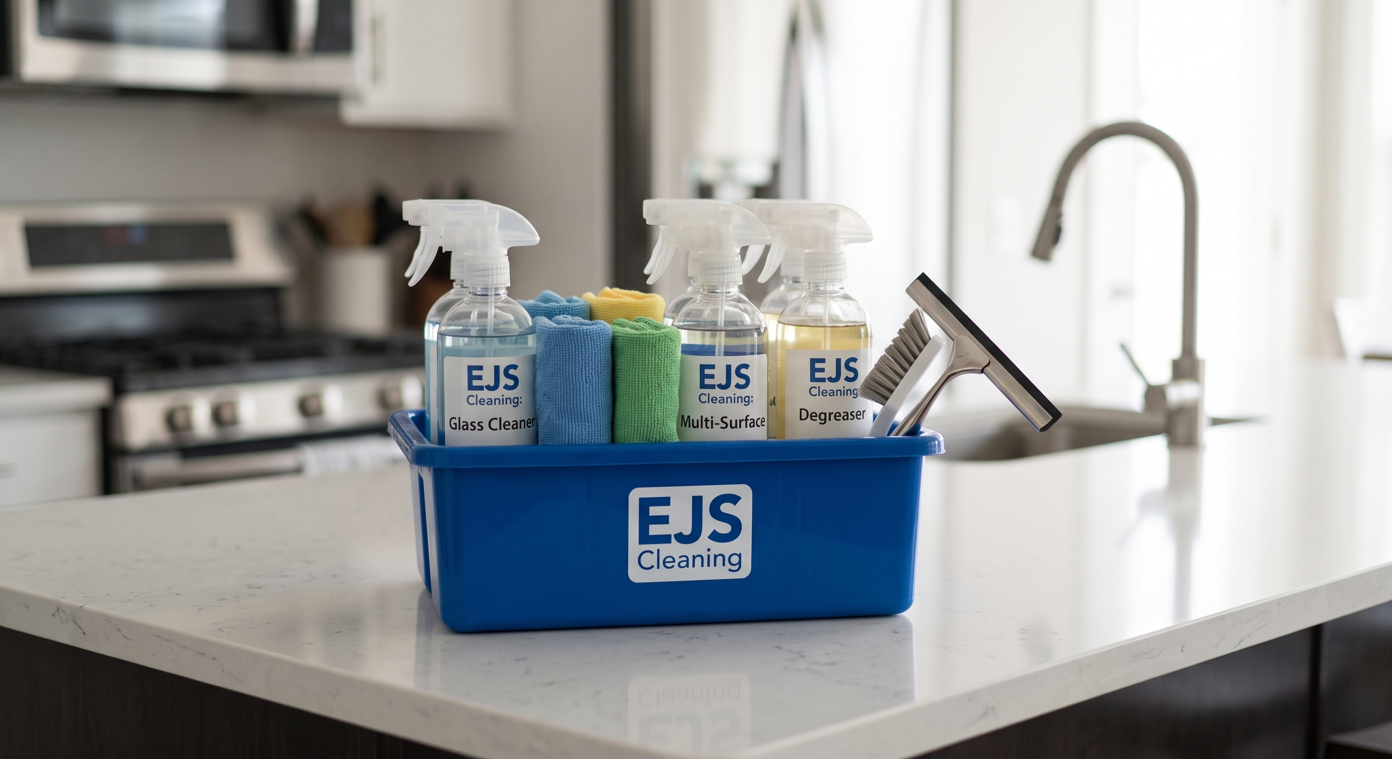 EJS Cleaning branded supply caddy with sprays and towels on a kitchen counter