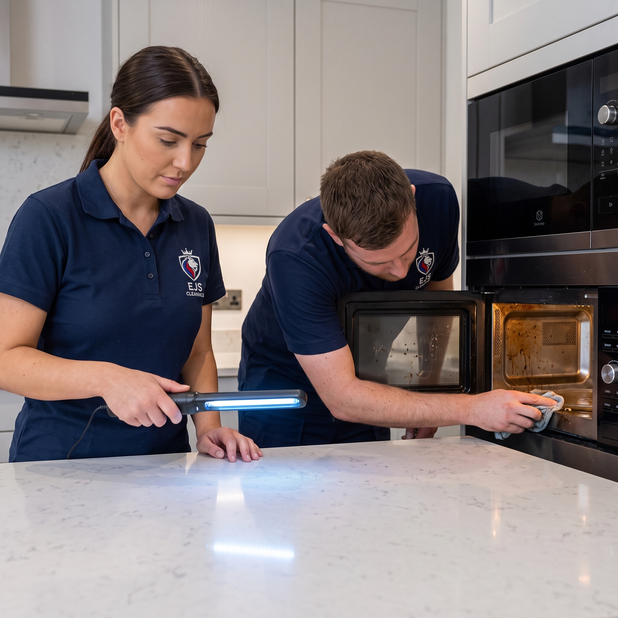 EJS Cleanings team sanitizing a kitchen microwave with UV light