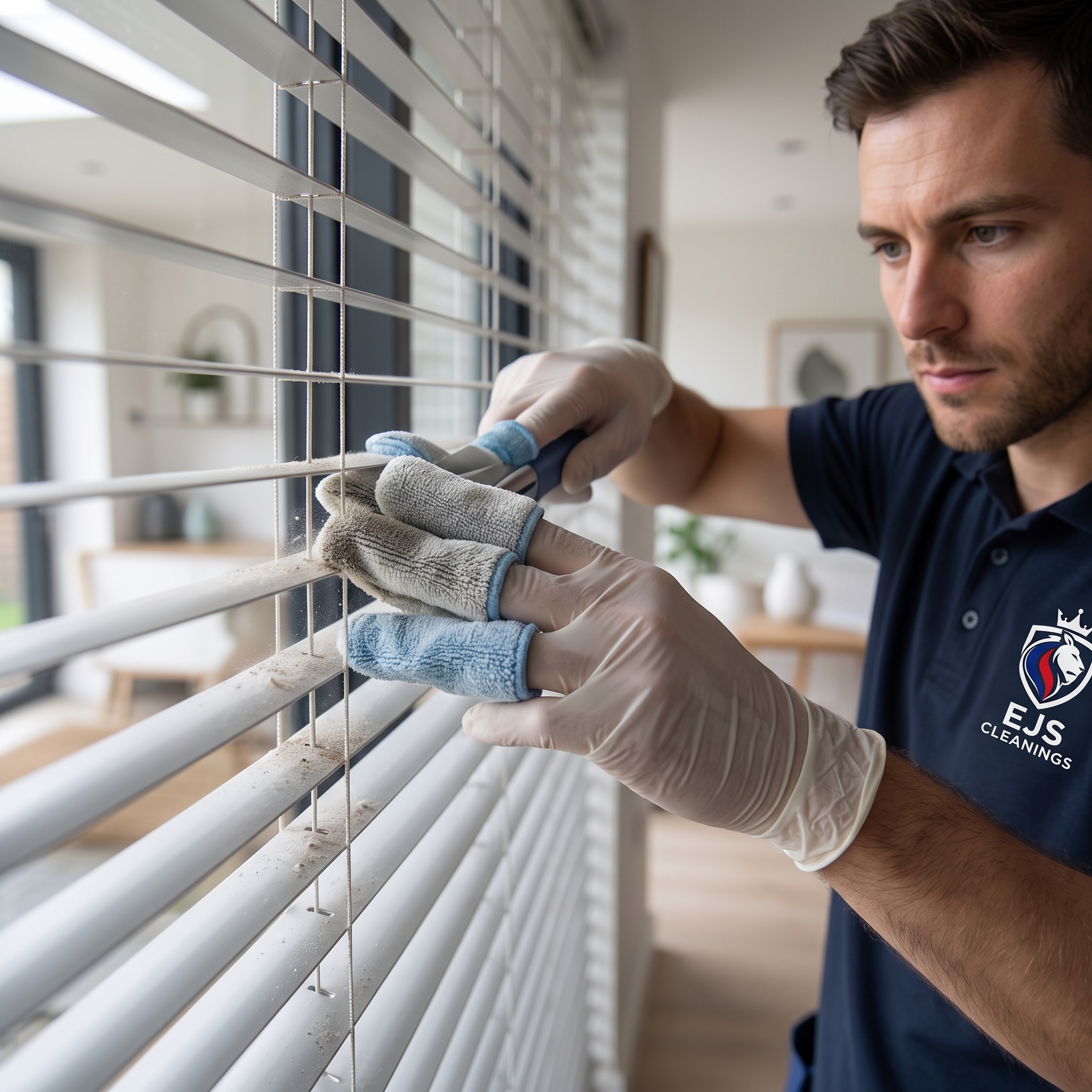 EJS Cleanings technician wiping down window blinds