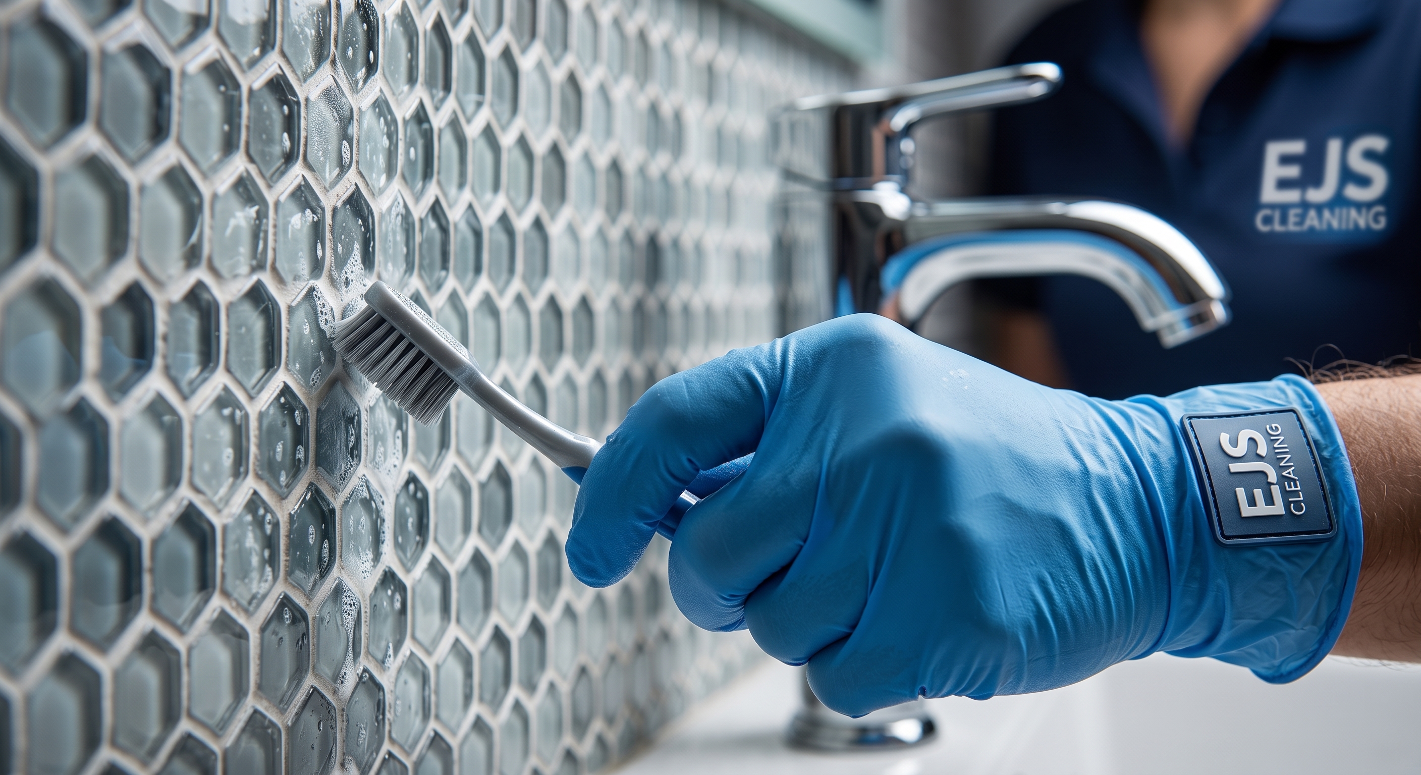 EJS Cleanings technician scrubbing a bathroom tile backsplash