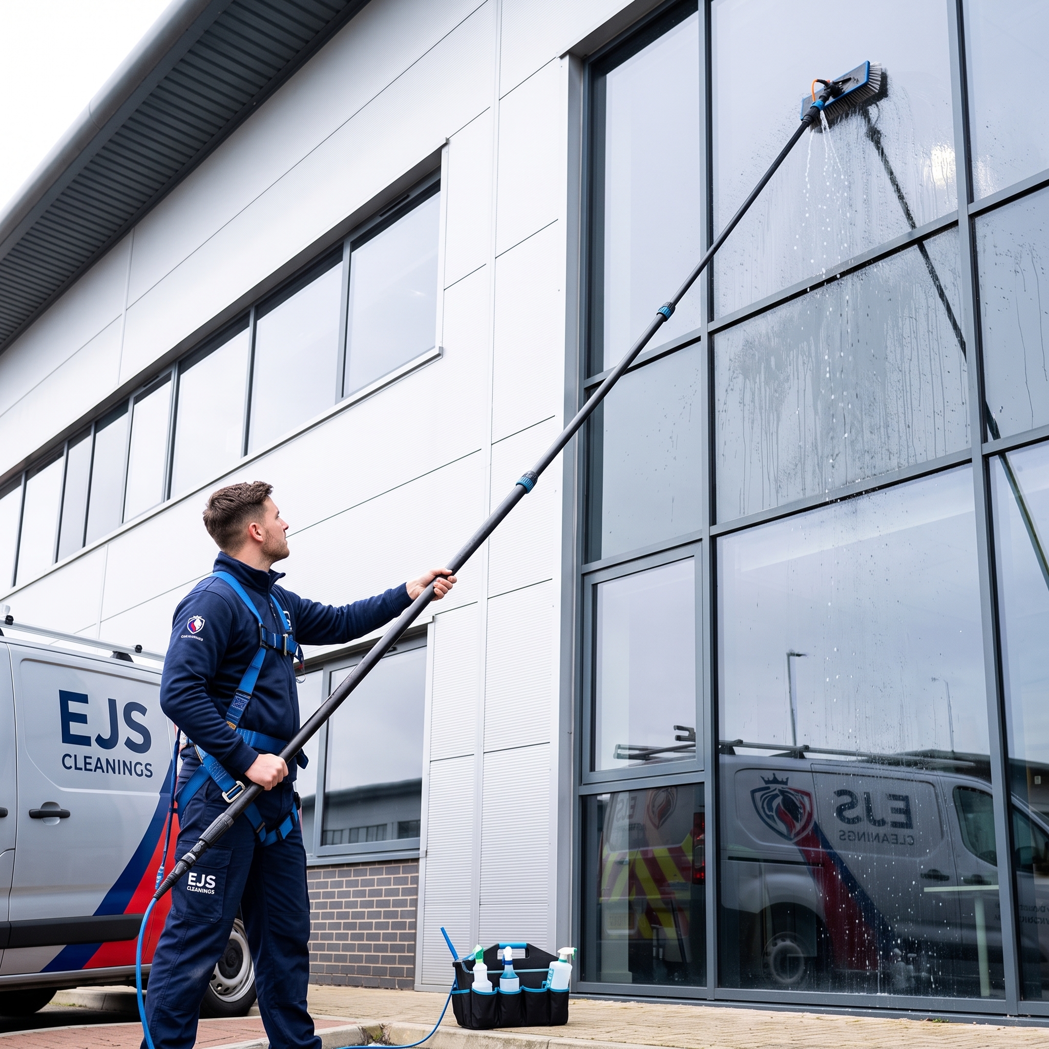 EJS Cleanings crew member washing exterior storefront windows
