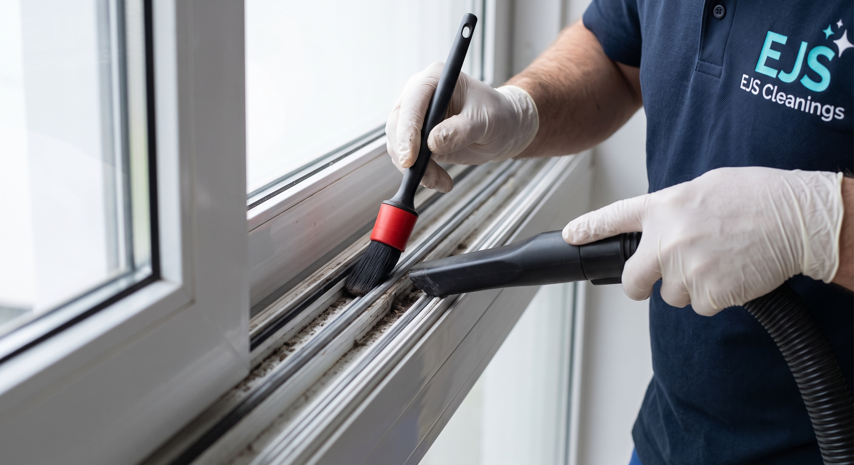 EJS Cleanings technician detailing a window track with brush and vacuum