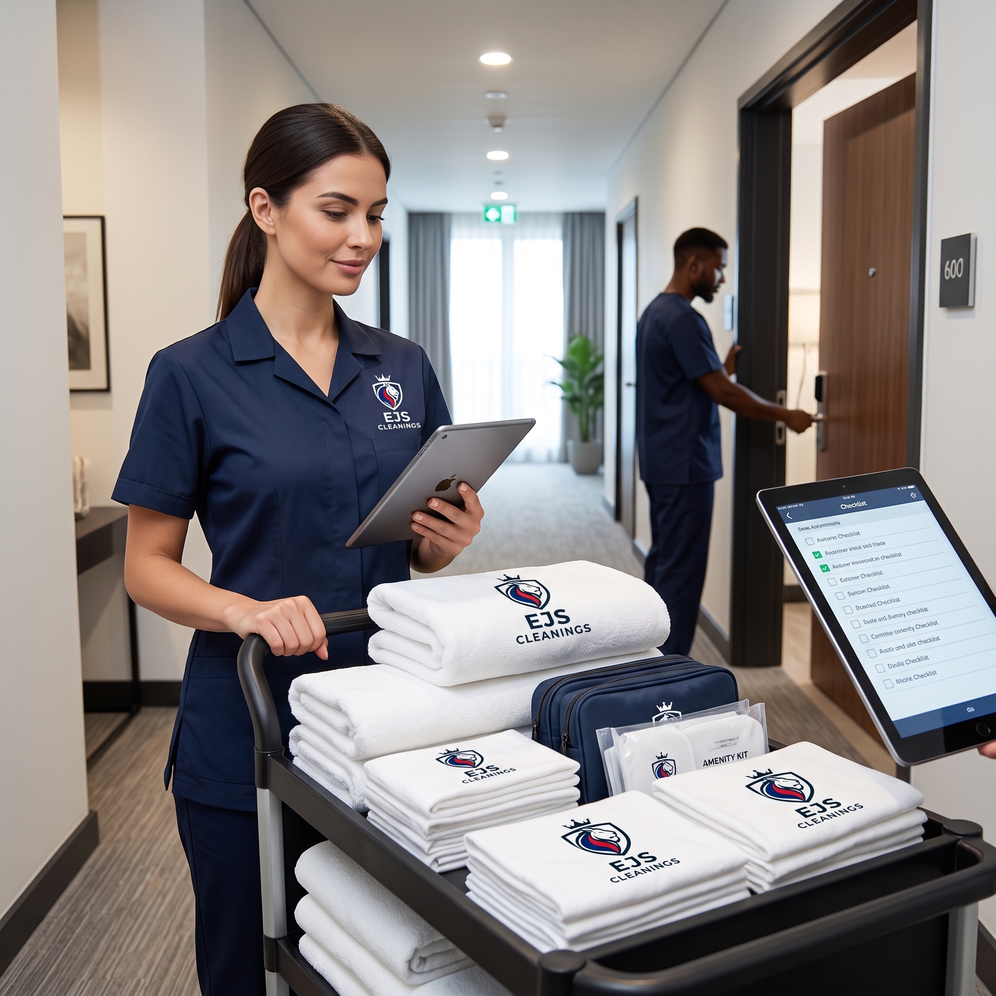 EJS Cleanings professional team performing quality inspection with digital checklist