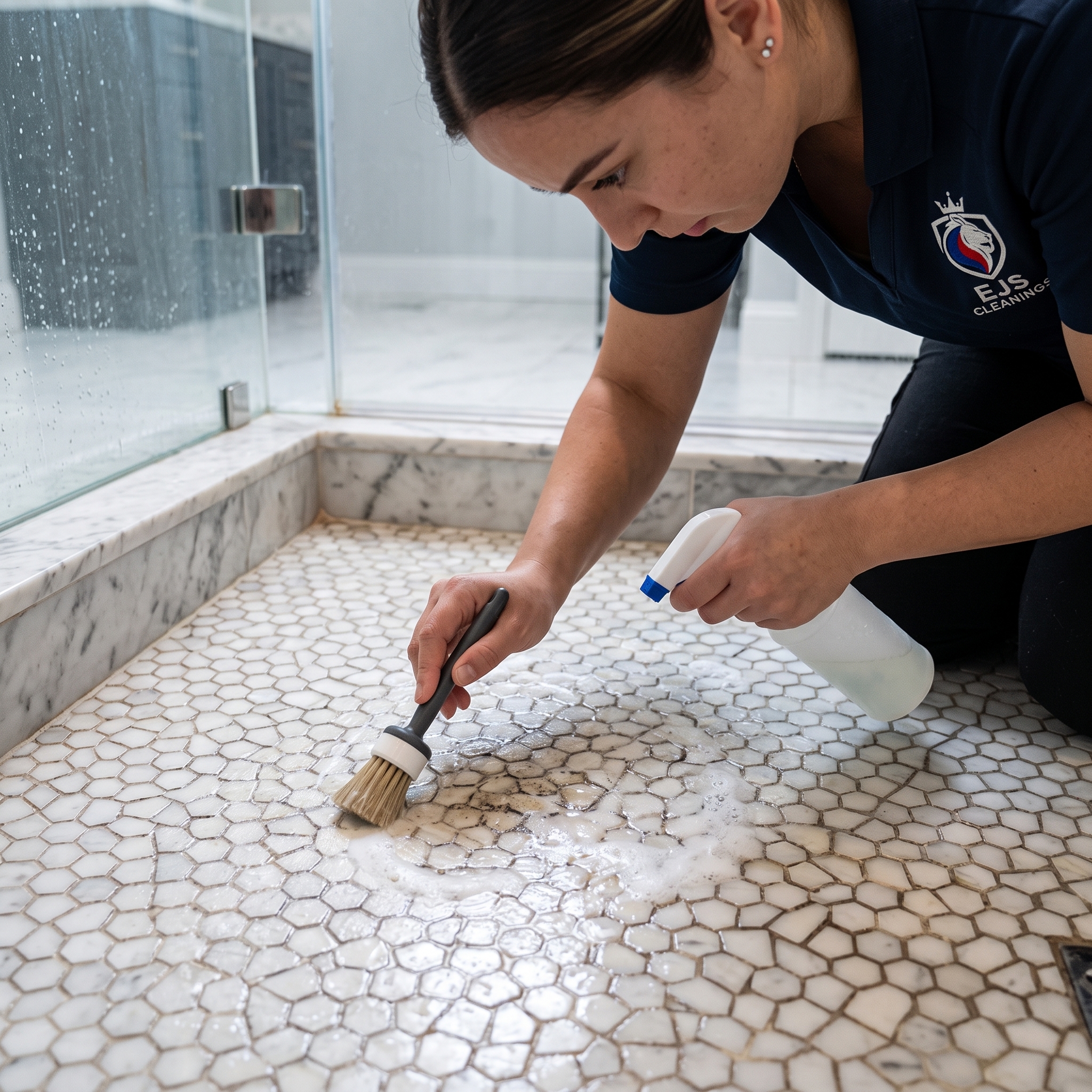EJS Cleanings technician scrubbing a marble shower floor with a brush