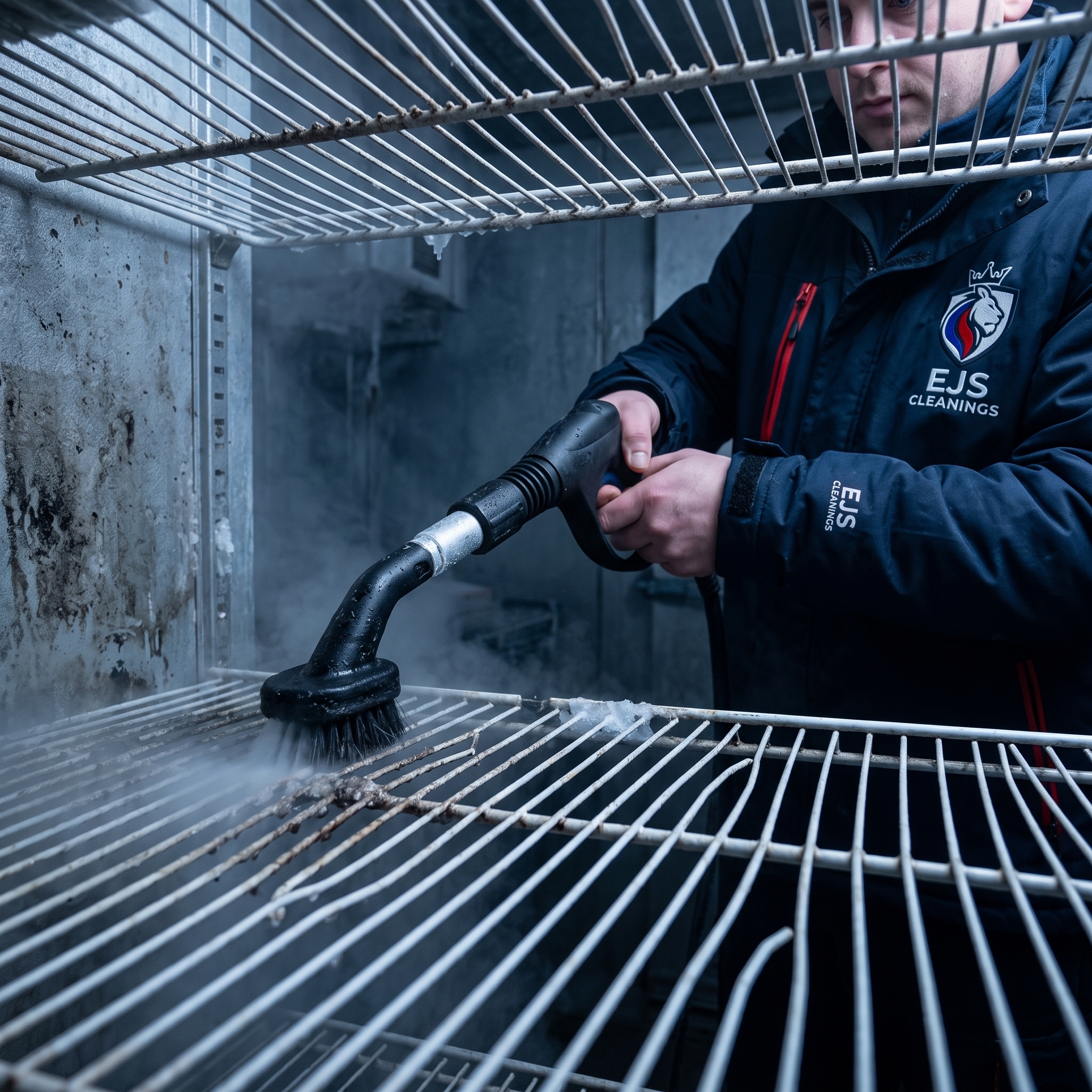 EJS Cleanings technician steam-cleaning a commercial refrigerator rack