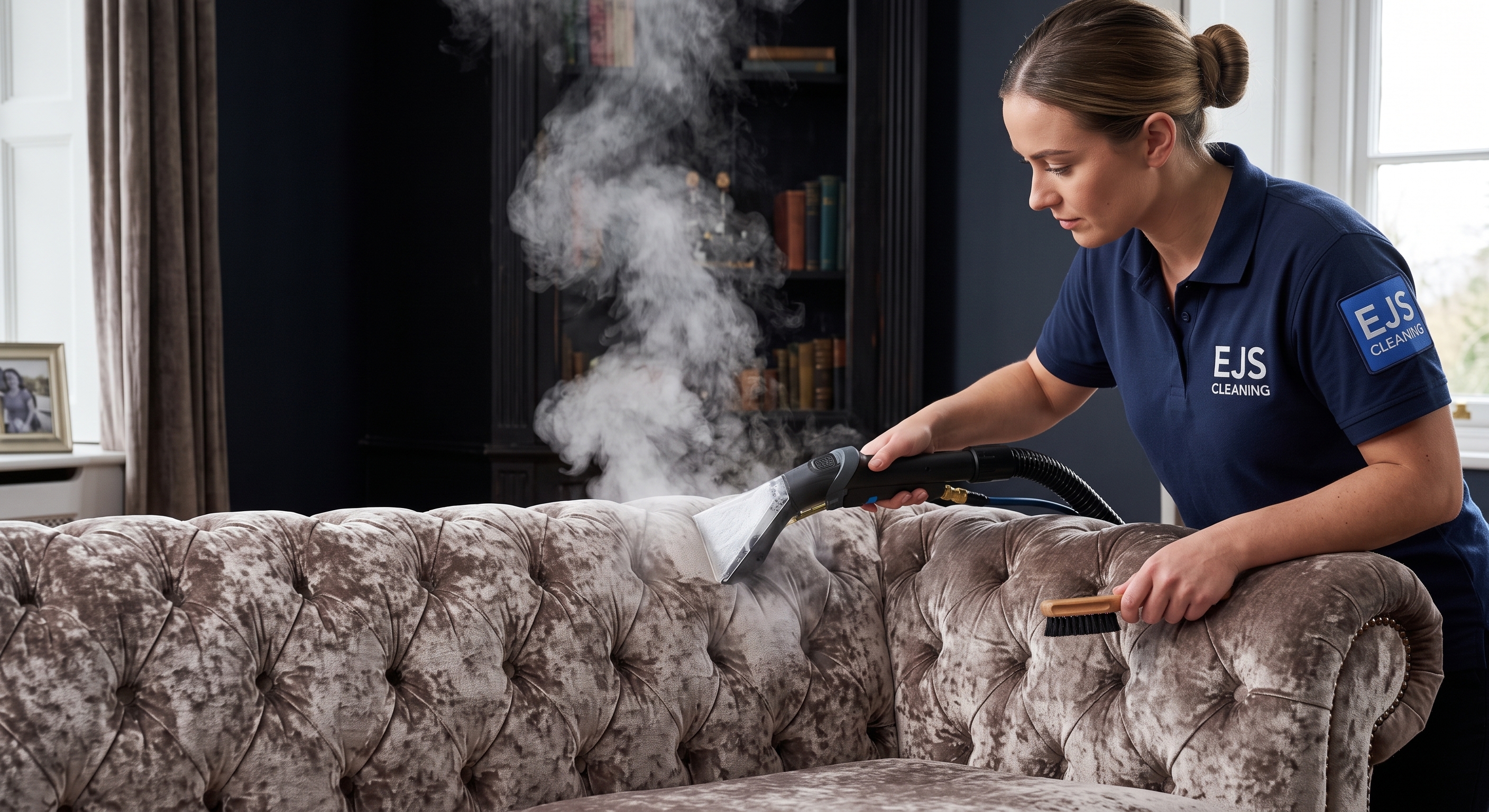 EJS Cleanings staff steam cleaning a tufted upholstered sofa