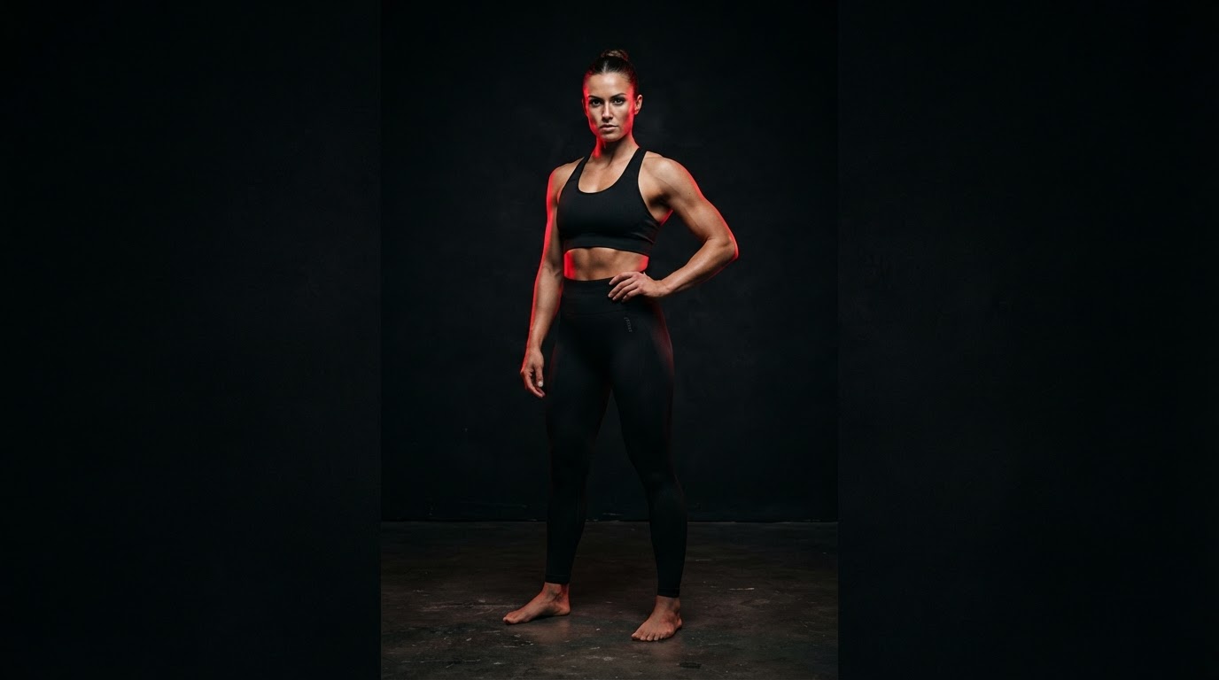 1OFF model wearing black sculpt leggings under bold red studio light