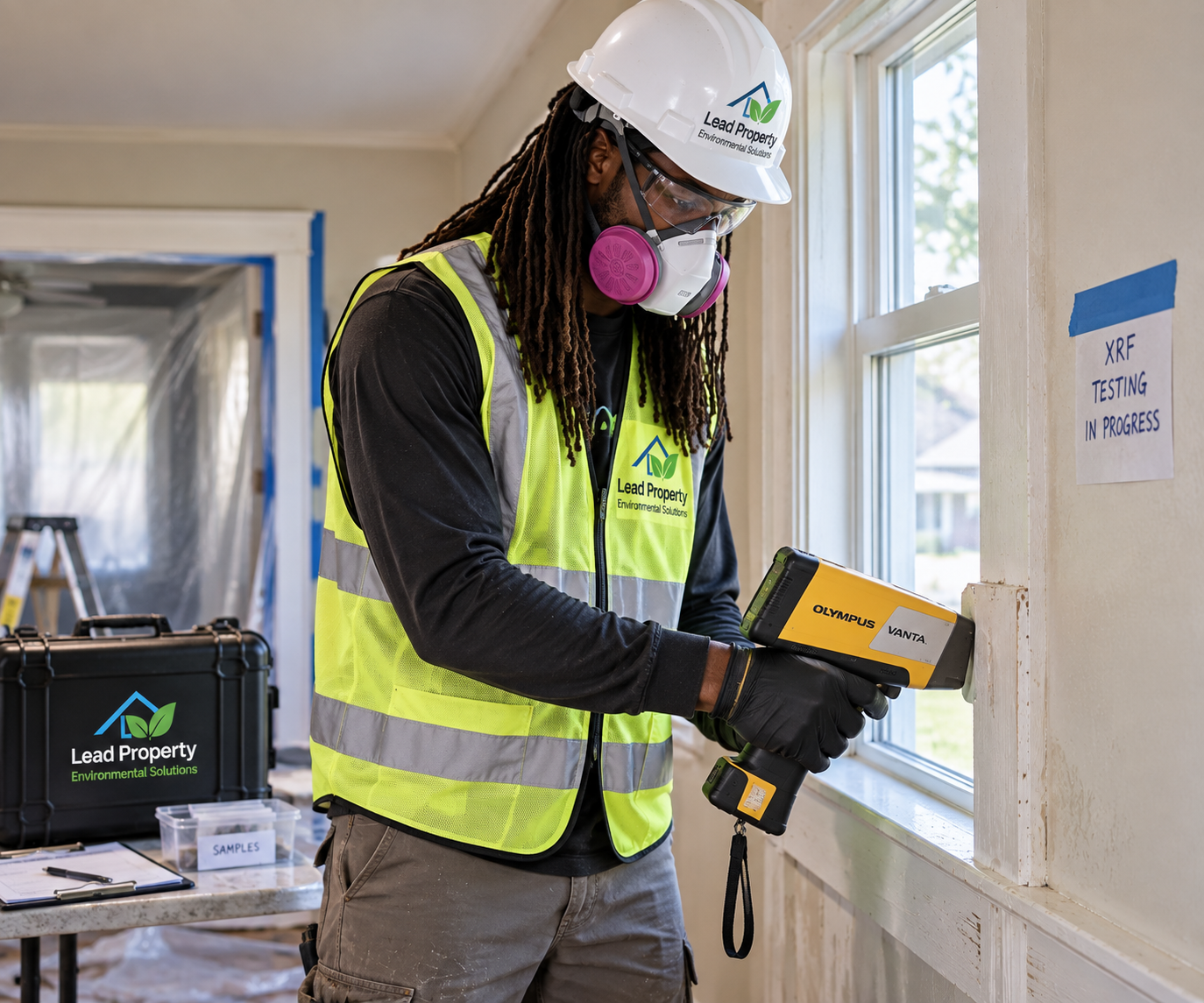 EPA-certified Lead Property & Environmental Solutions specialist performing XRF lead paint inspection on a window frame on-site