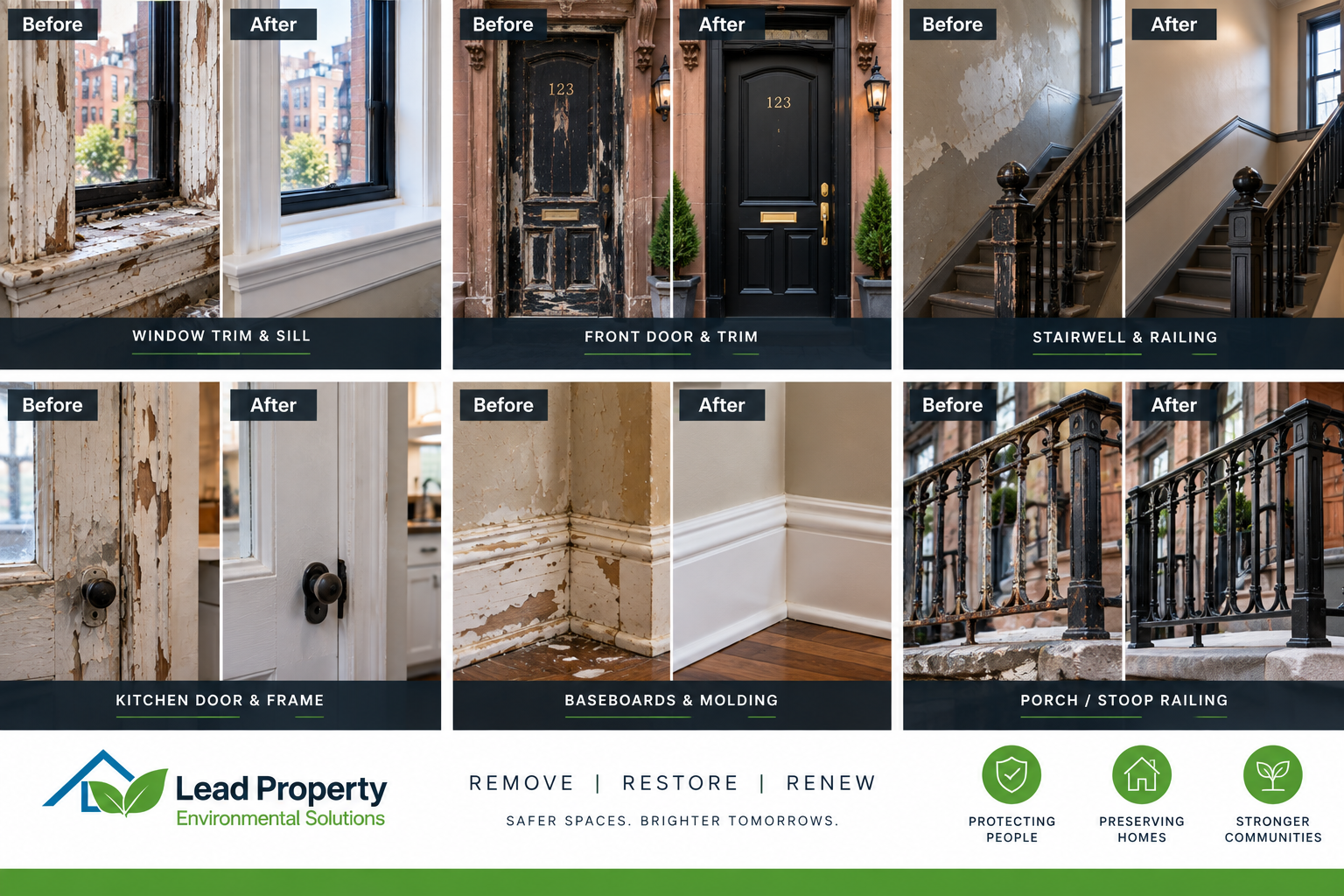Before and after lead remediation and restoration across window trim and sills, front doors, stairwells, baseboards, and porch railings by Lead Property & Environmental Solutions