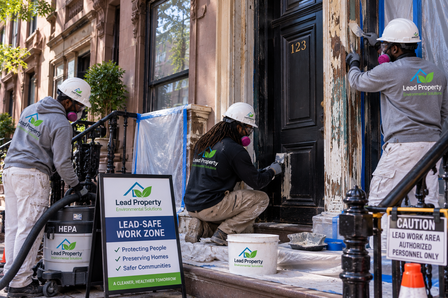 Lead Property & Environmental Solutions crew performing exterior paint removal and lead-safe surface preparation on a residential building