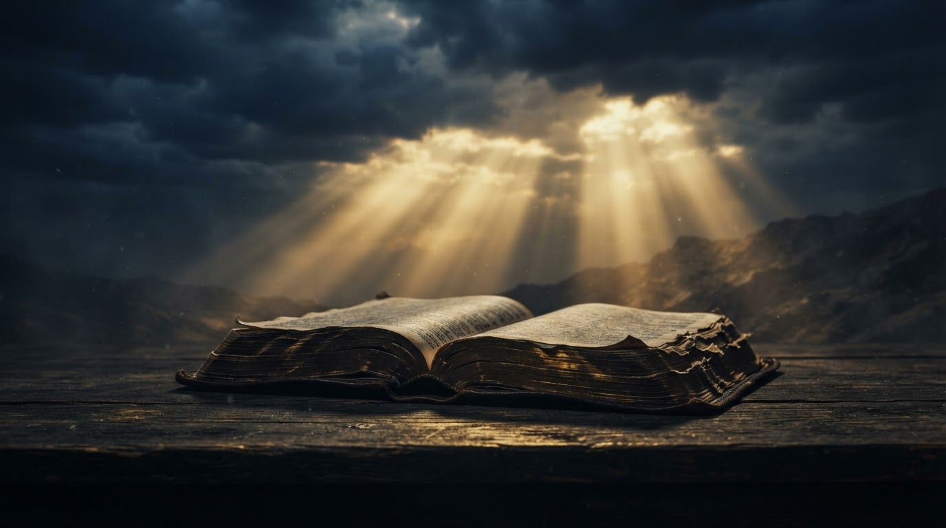 Golden light breaking through clouds over an open Bible