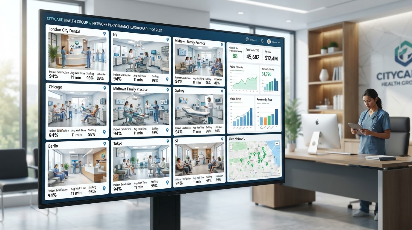 Multi-location healthcare and dental clinic chain management dashboard showing multiple outlet locations, booking calendars and revenue analytics