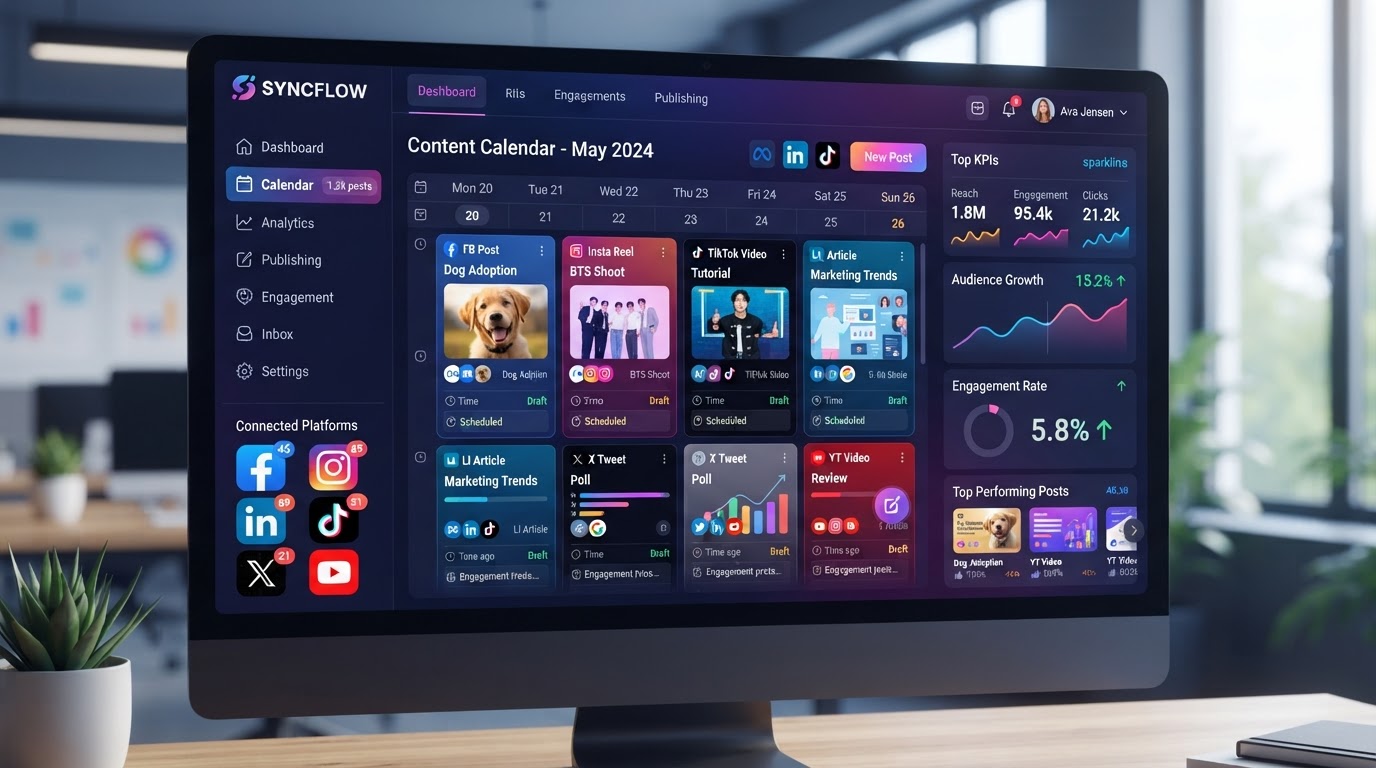 Social media management dashboard inside DIGI5Y CRM with multi-platform posting, content calendar, AI caption writer, and engagement analytics across Facebook, Instagram, LinkedIn, TikTok, and X