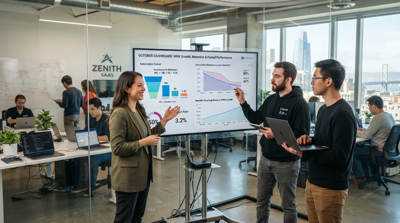 Software engineering and product management team analyzing user retention charts and MRR growth dashboards on glass monitors