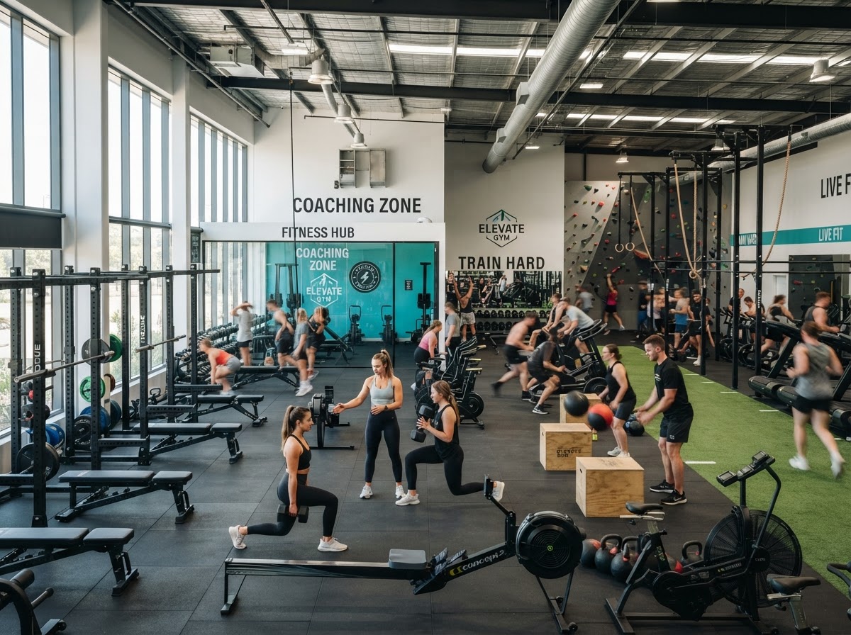 Modern gym interior with fitness equipment and training area