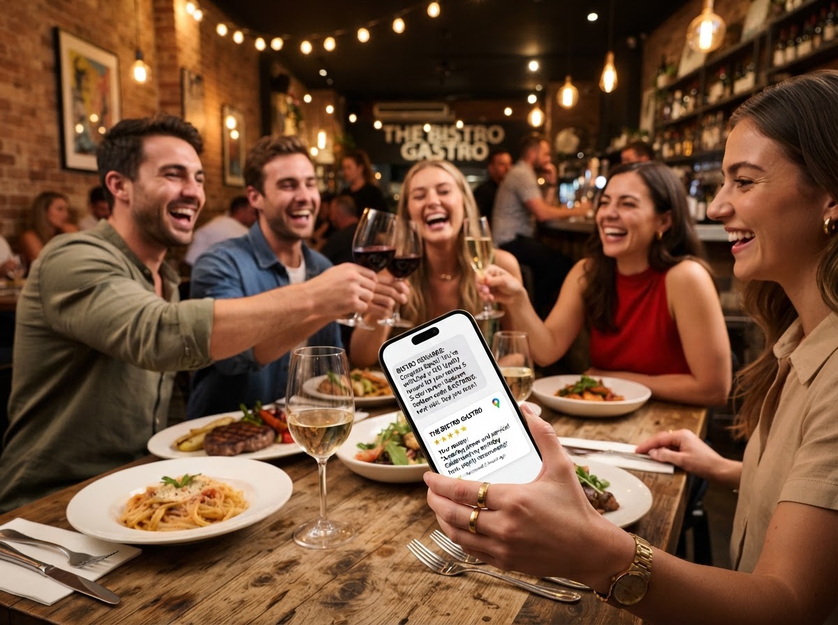Happy diners leaving 5-star Google reviews