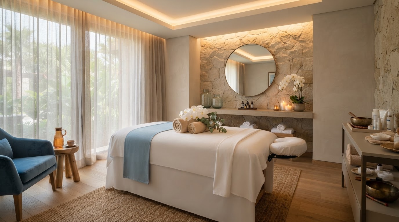 Serene spa treatment room with massage table and calming ambiance