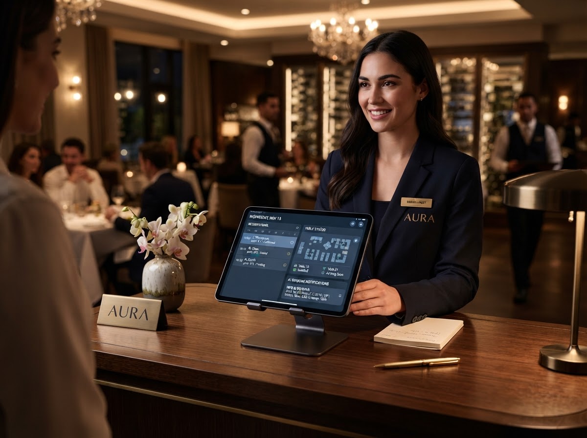 Restaurant host desk with tablet checking reservations