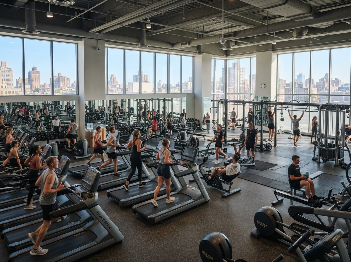 Modern fitness gym interior with treadmills and weight equipment