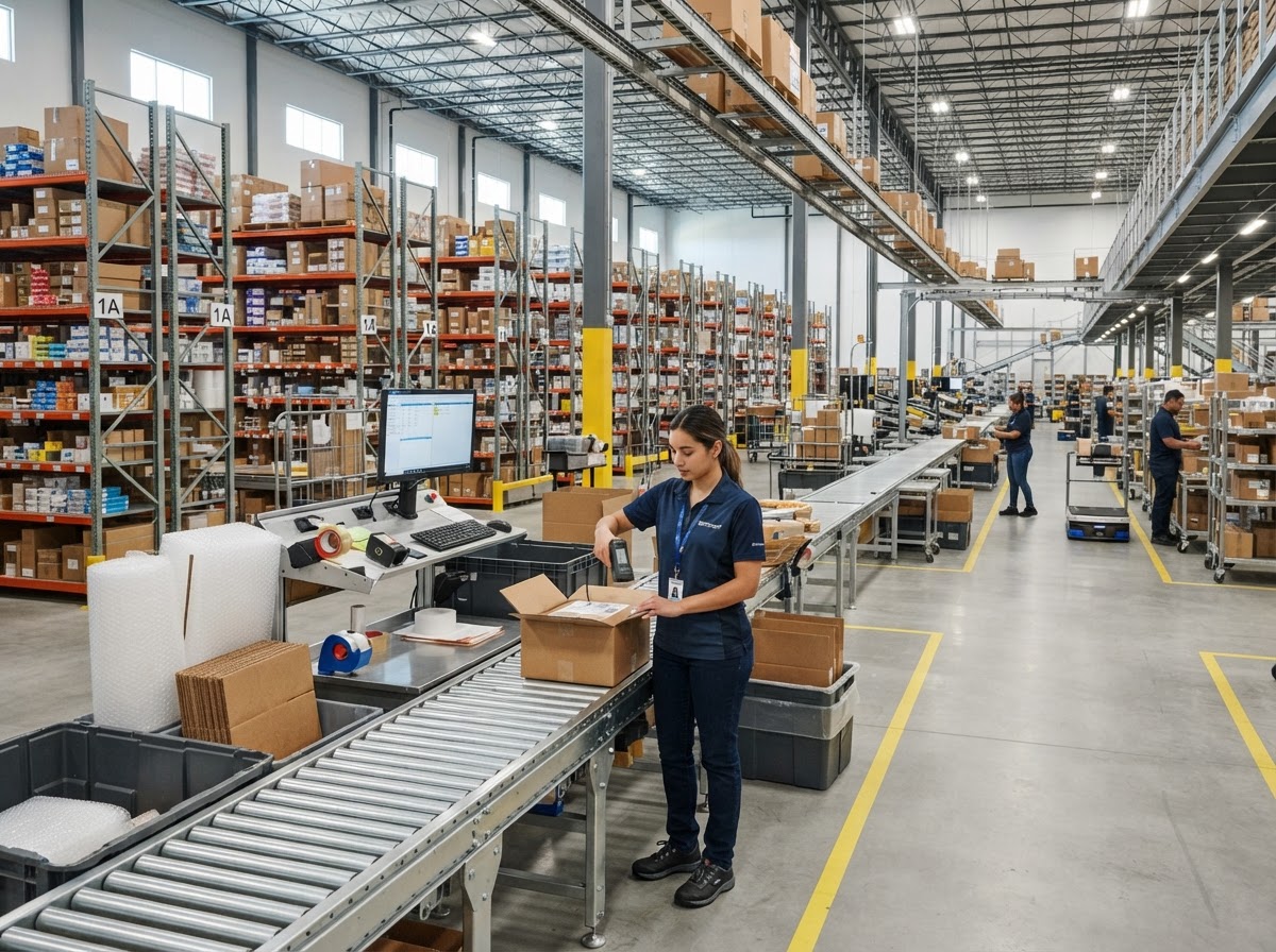 Modern e-commerce fulfillment warehouse with organized shelves