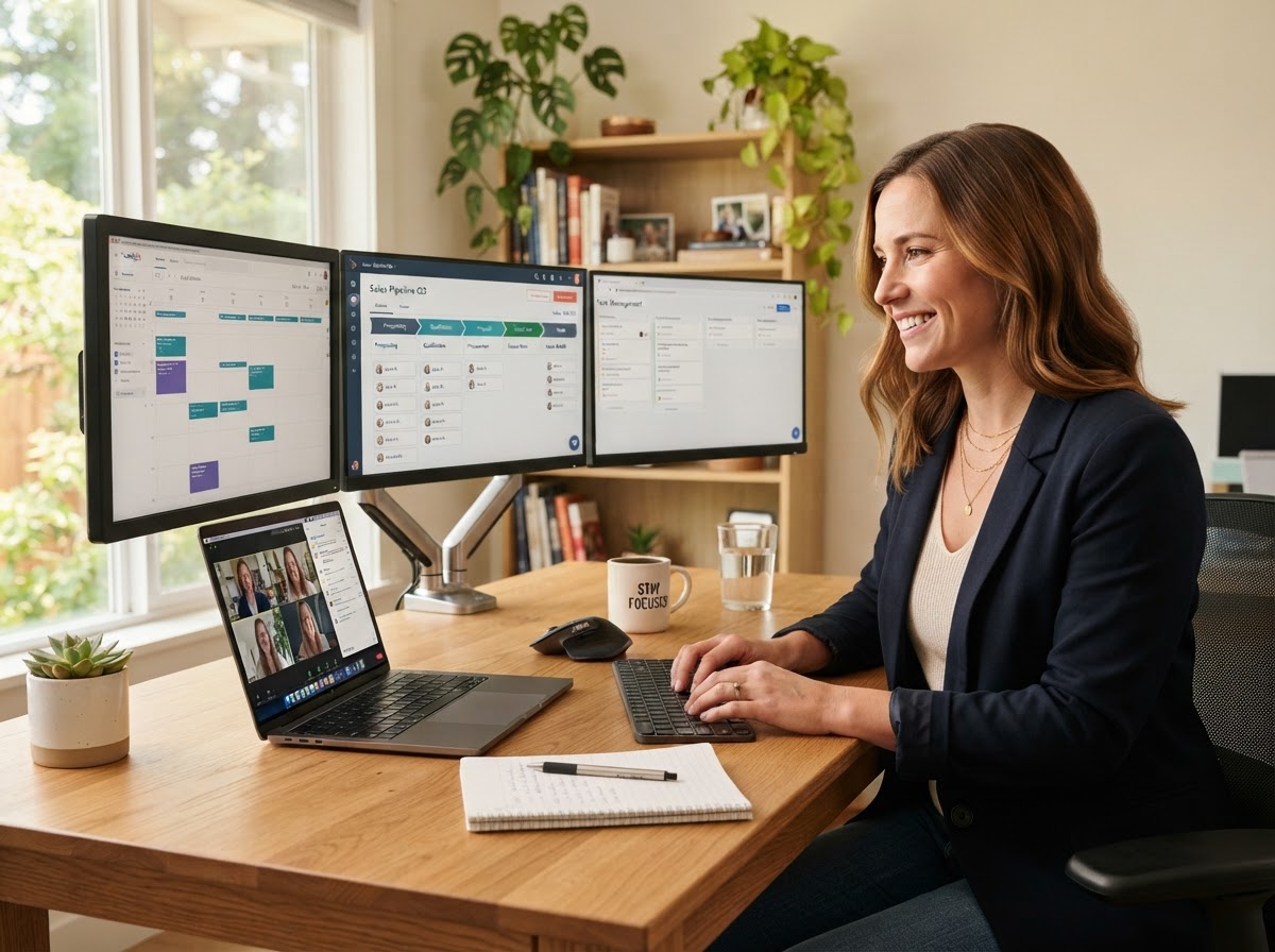 Remote CRM specialist working on laptop managing client pipelines, calendars and CRM dashboards for a professional law or accounting firm