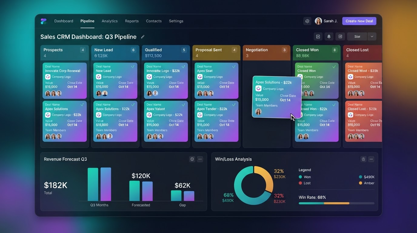 Opportunities and pipelines kanban board inside DIGI5Y CRM with custom stages, deal cards, drag-and-drop deal movement, revenue forecasting, and team performance reporting