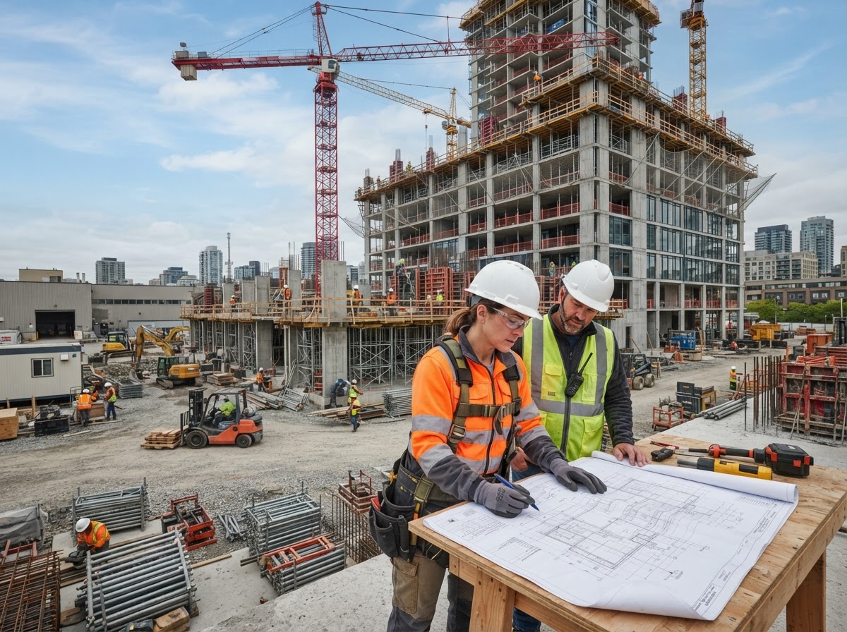 Construction site with cranes and tradesperson reviewing blueprints