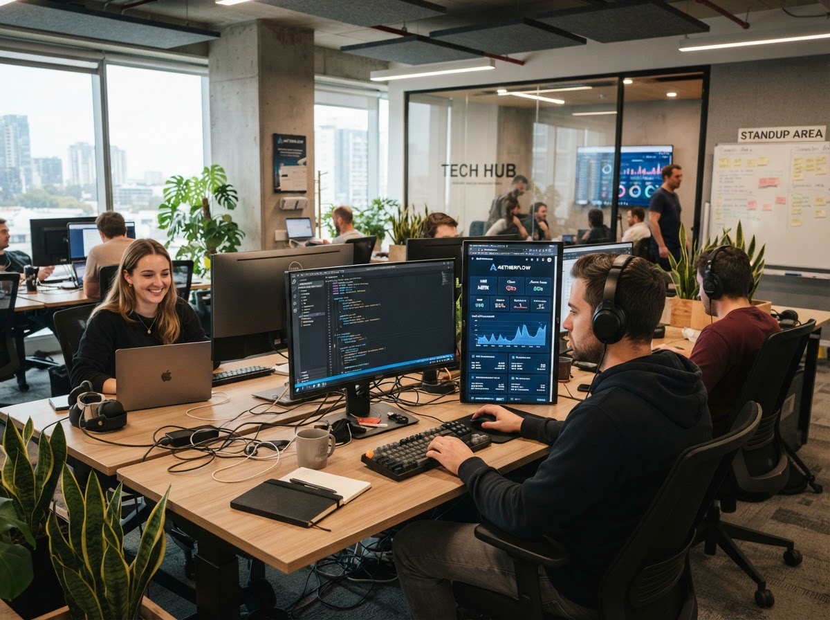 Modern SaaS tech company office with dashboard screens