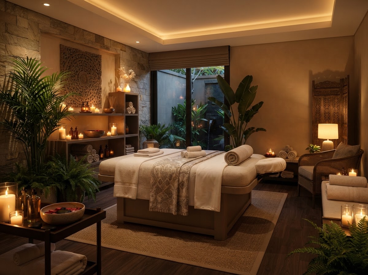 Luxurious spa and salon treatment room with warm lighting