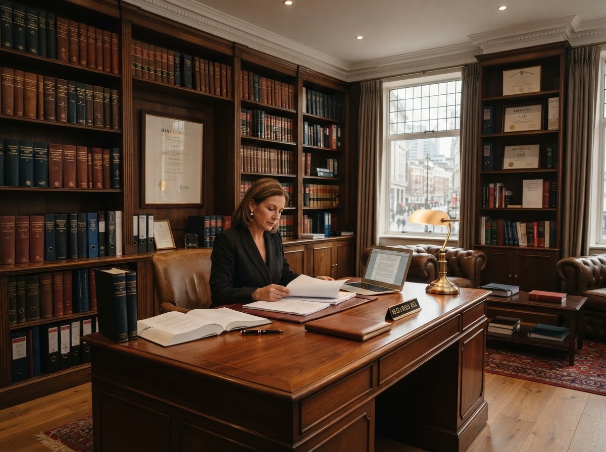 Professional law office with bookshelves and wooden desk