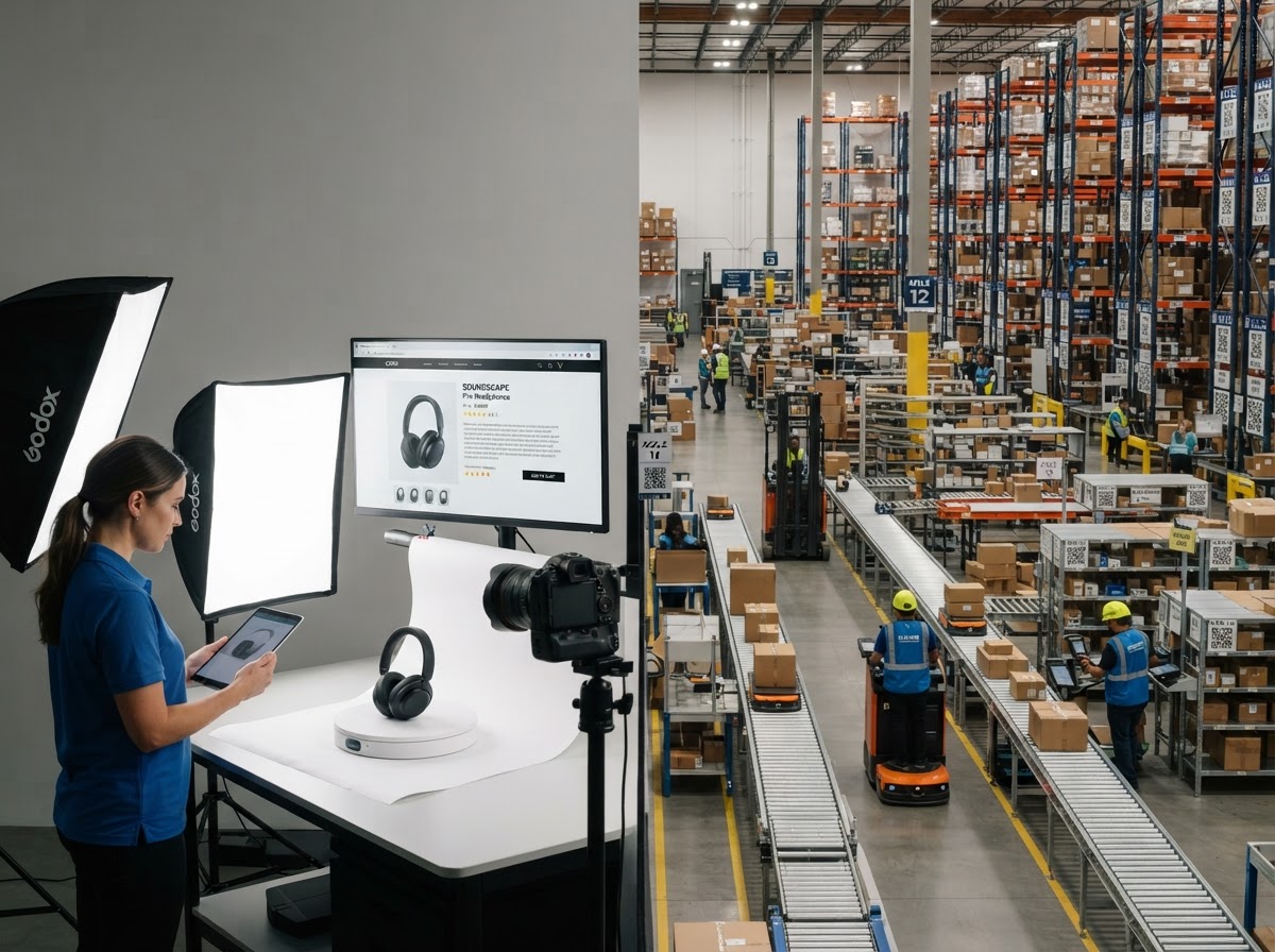 Modern e-commerce warehouse and digital shopping studio