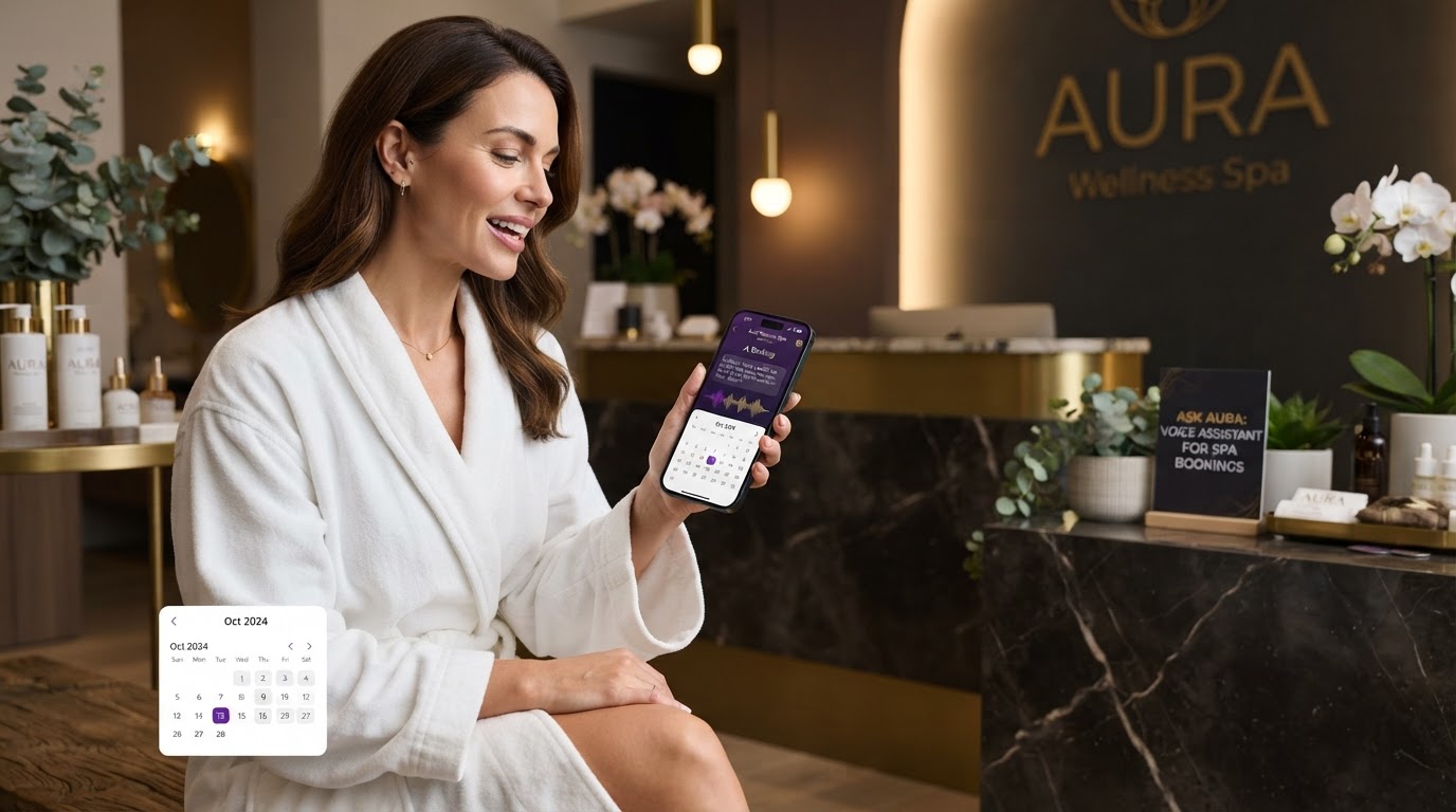 AI voice assistant booking spa appointments with elegant smartphone booking interface