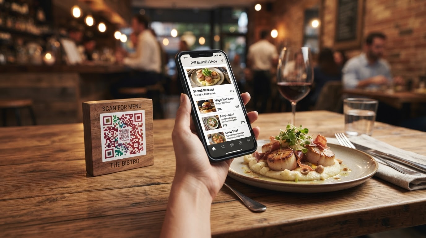 QR code digital menu on a restaurant table with mobile ordering interface