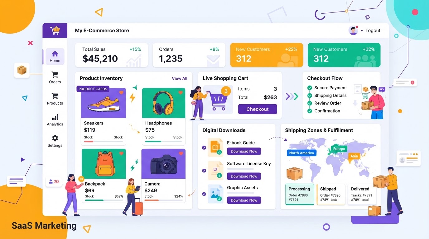 E-commerce store builder inside DIGI5Y CRM with product cards, shopping cart, checkout flow, digital downloads, and shipping zones